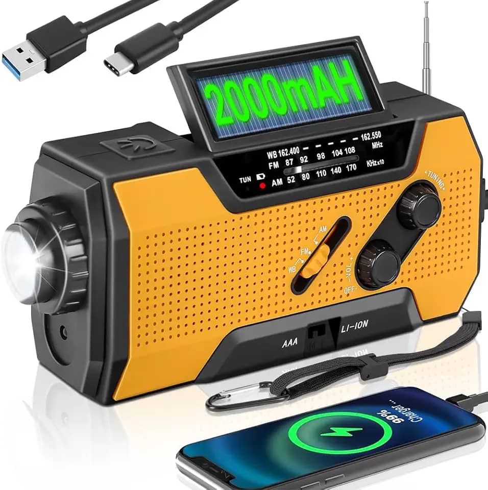 Rádio de Emergência com Manivela 2000 Mah, Cabo de Carregamento, Rádio de Manivela Manual, Ádio Operado Por Bateria, Alarme Sos, Am/Fm e Lanterna de Led, Radio, Caixa de Som, Radio Portatil, Rádio