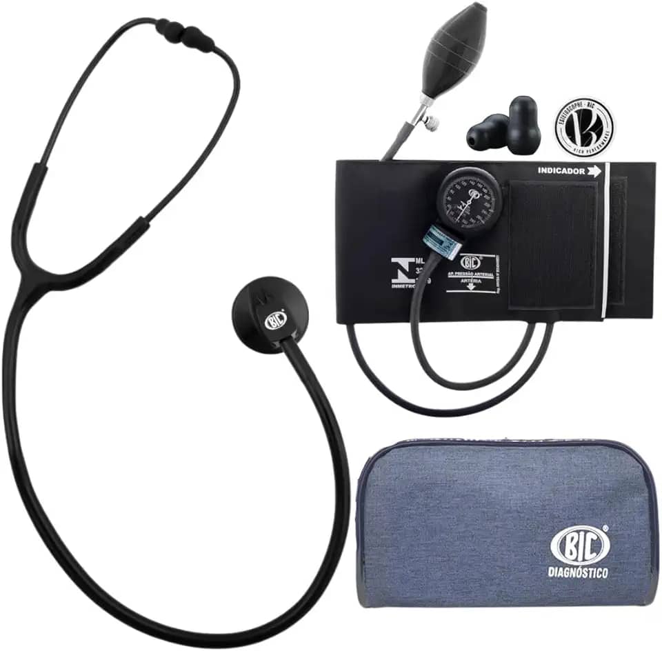 Kit Enfermagem Acadêmico Preto Bic Estetoscópio Unisson Standard + Esfigmomanômetro Aparelho de Pressão Fecho de Contato
