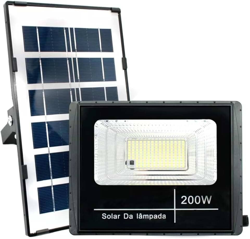 Refletor Solar LED 200W, Holofote Externo com Controle Remoto, Painel Solar, 6000K