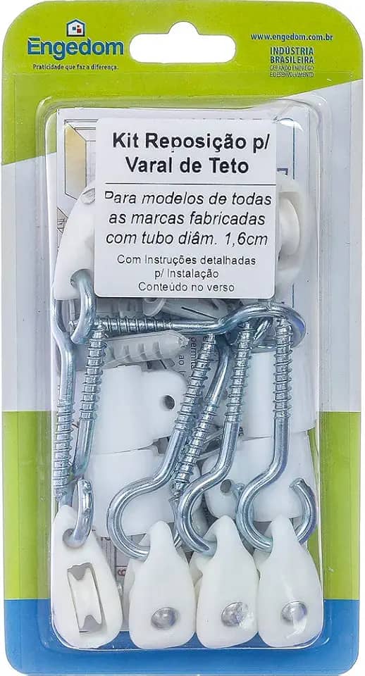 Kit de Reposição para Varal de Teto Completo ENGEDOM 4174 - Branco - 4 Roldanas Simples e 2 Duplas com Pitões Reforçados - 4 Abraçadeiras para Tubo 5/8' - 1 Gancho - 7 Buchas 8 mm - 17 cm