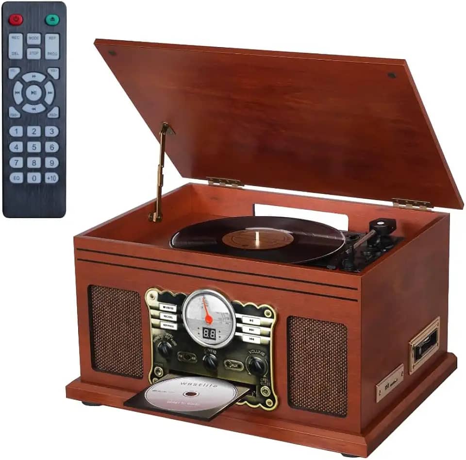 ANVAR VEDO Toca-Discos 10 em 1 Bluetooth com CD, Cassete, Rádio FM e Conversor LP/MP3 - Design Retrô em Mogno, 3 Velocidades, Alto-Falantes Integrados e Tensão 110v/220v Colecionadores e Amantes