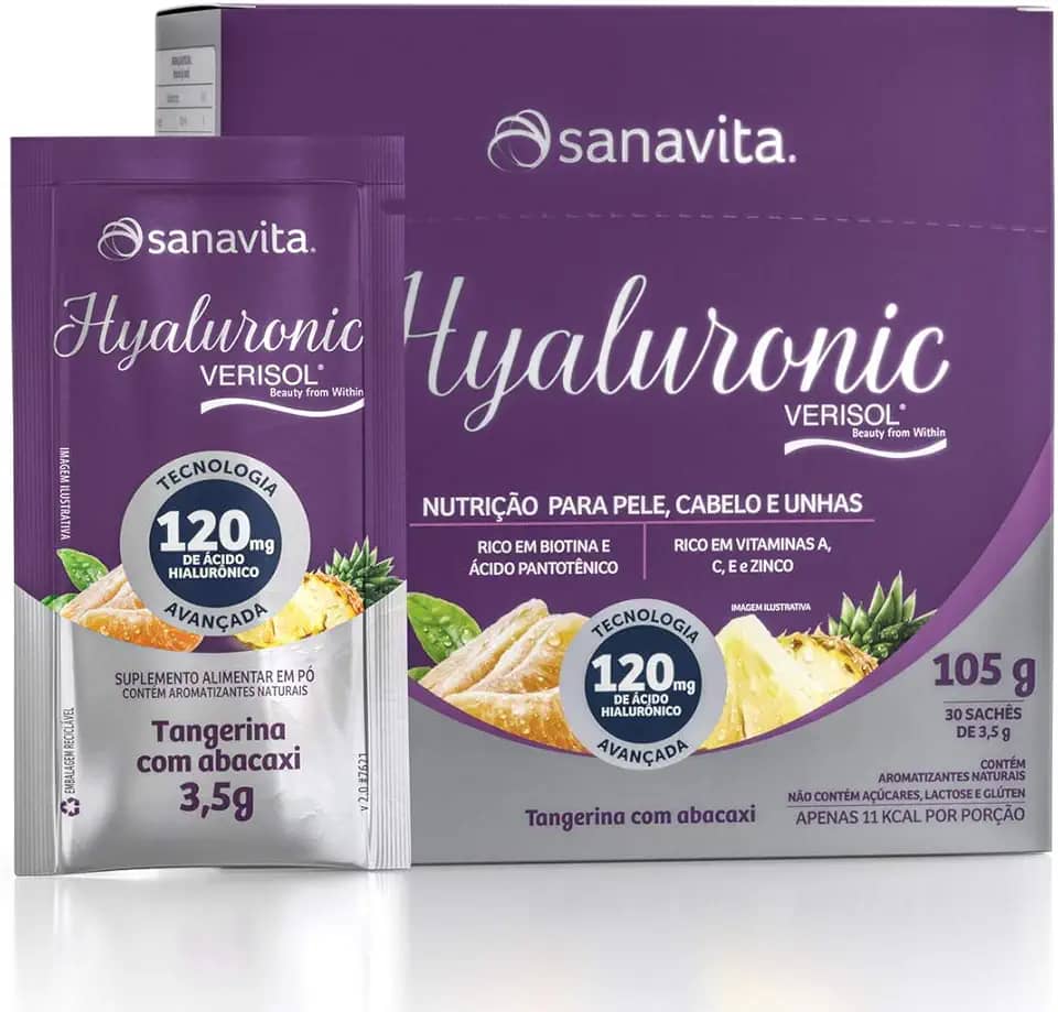 Sanavita Colágeno + Ácido Hialurônico - Saúde da Pele - 30 Sachês - Tangerina com Abacaxi