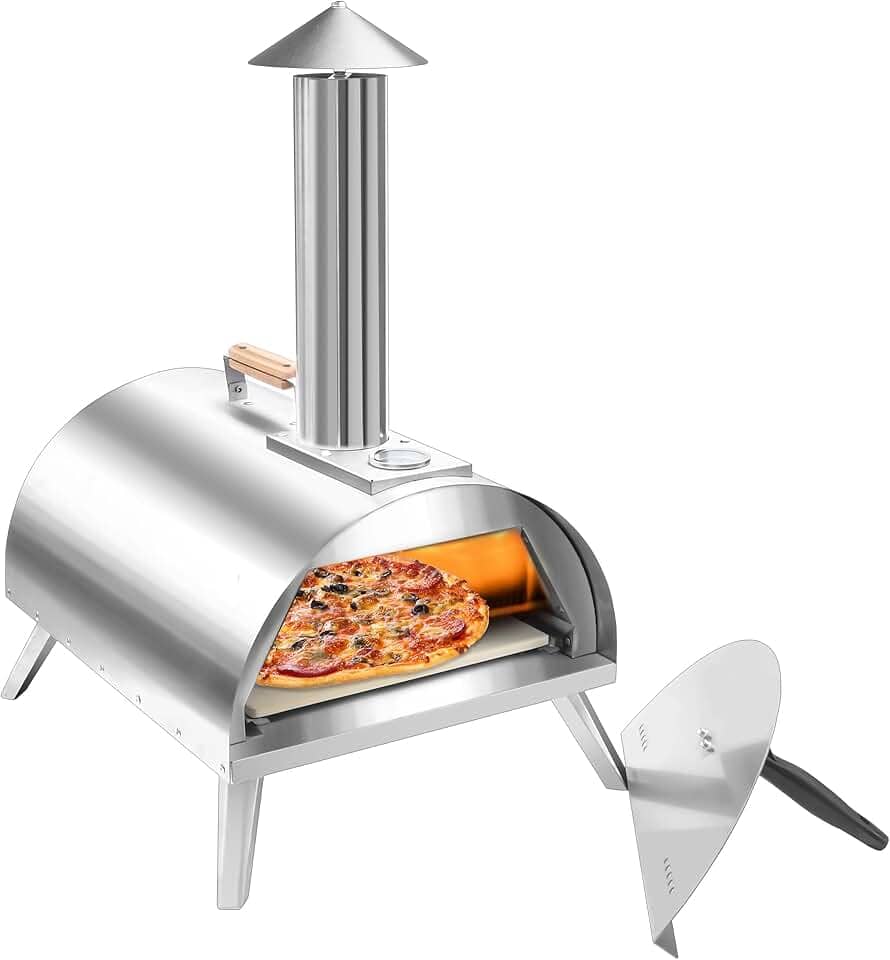 Forno de pizza de madeira de 30,5 cm – Máquina de pizza portátil de aço inoxidável ao ar livre com termômetro embutido, pernas dobráveis, alça de transporte e pedra de pizza de cordierite para