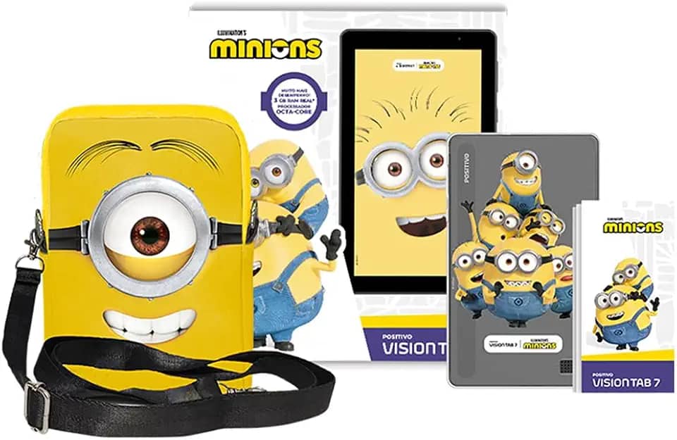 Tablet Infantil Positivo Vision Tab 7 Minions - Octa-Core 3GB RAM 64GB Armazenamento, Tela 7' IPS, Bateria 3100mAh, Android 14 Go, Wi-fi - Preto - Inclui Capa de proteção personalizada