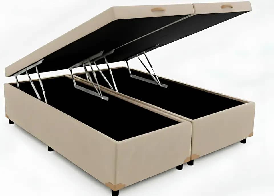 Cama Queen Base Box Baú Bi-partida Corino 79 Blindada E Resistente (Bege)