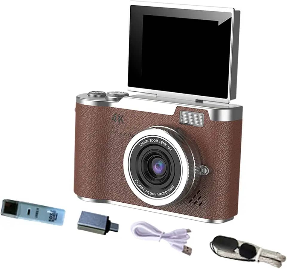 Câmera digital com digital de 8x, tela de 2,4" 720p/1080p, câmera de vlog, tela flip de 180° para iniciantes e adultos, presente de ação de, Marrom