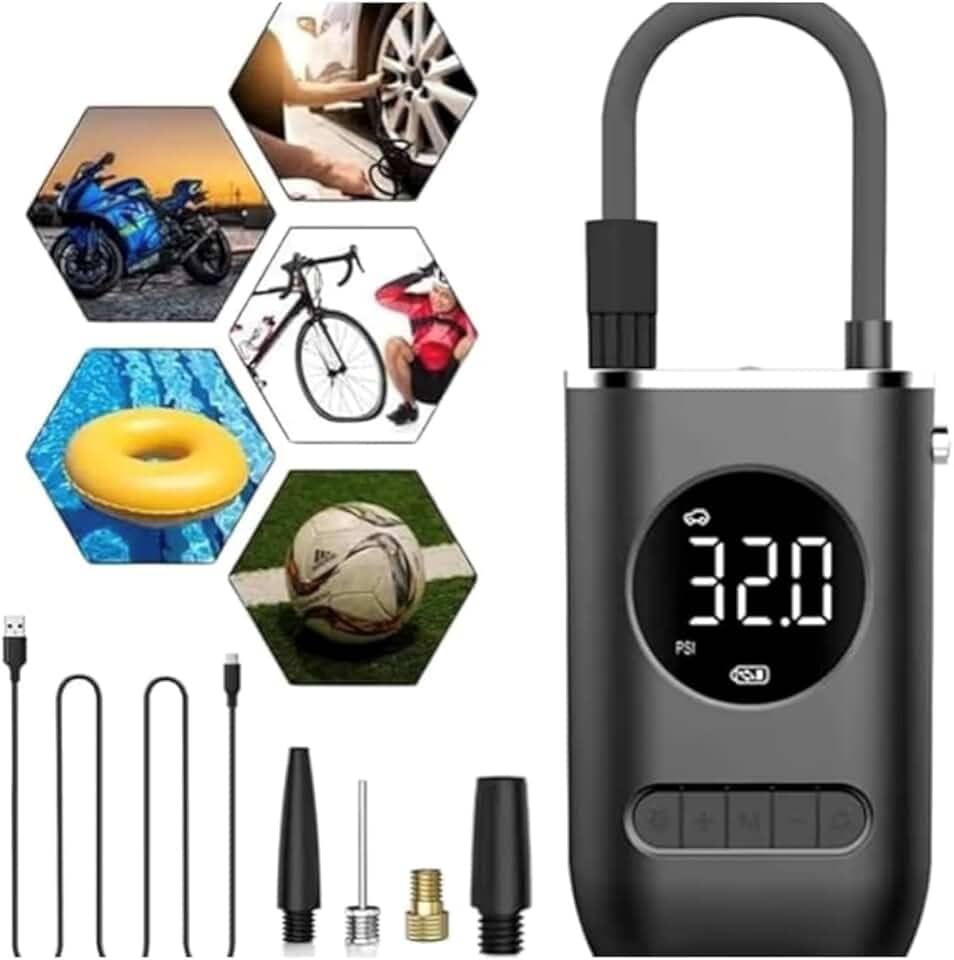 Compressor de Ar Digital Portátil – Calibrador de Pneus Recarregável com Lanterna LED para Carro, Moto e Bike