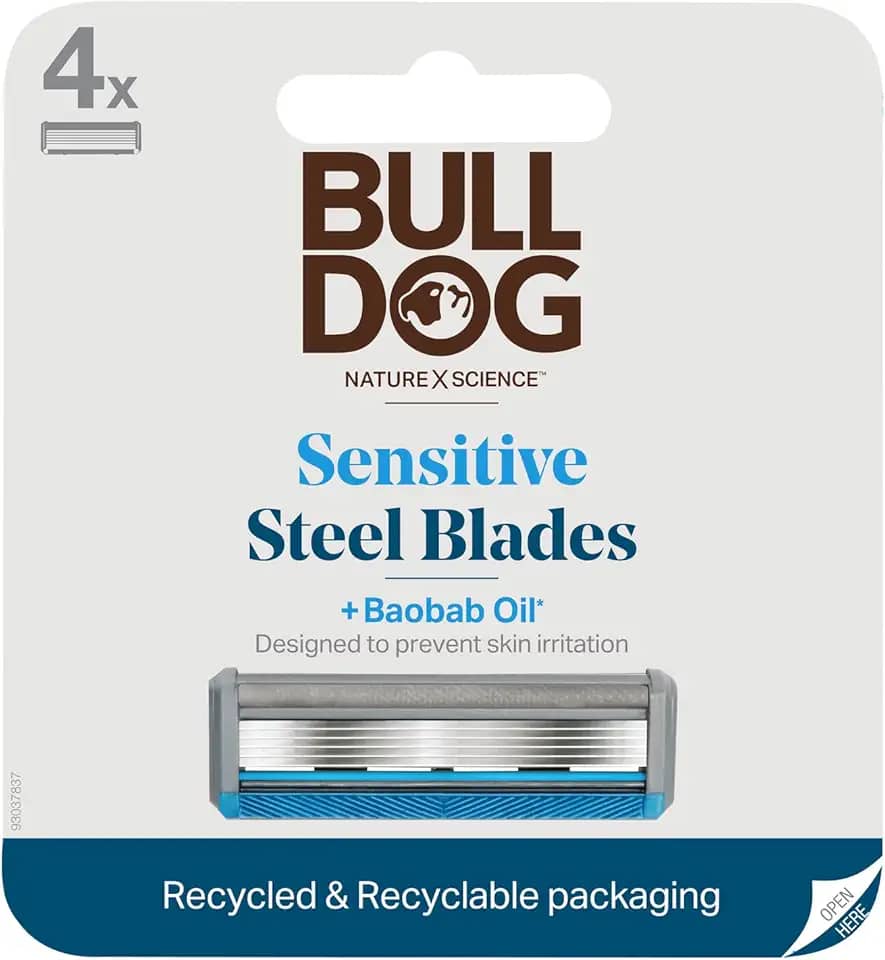 Bulldog Mens Skincare and Grooming Refil de lâminas de barbear para pele sensível para homens, 4 unidades