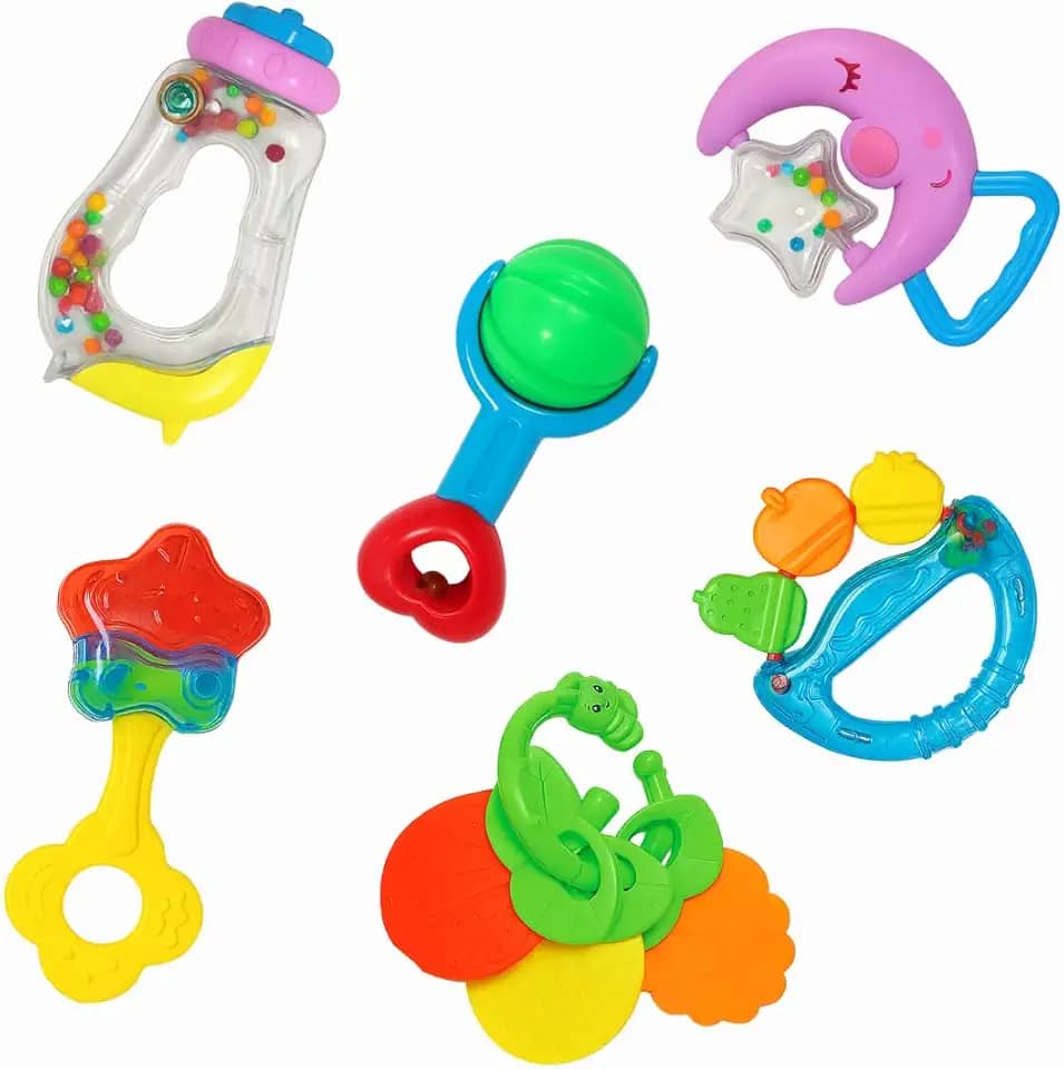 Brinquedo Infantil para Bebês Kit 6 Peças Chocalhos e Mordedores – Coloridos, Brinquedo Educativo, Sensorial e Seguro, Estimula Coordenação Motora, Ideal para 6 a 12 meses