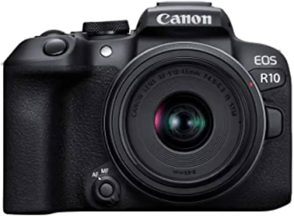 Canon Câmera sem espelho EOS R10 RF-S18-45 mm F4.5-6.3 IS STM, câmera híbrida, sensor CMOS (APS-C) de 24,2 megapixels, vídeo 4K, câmera de vlogging para criadores de conteúdo, preta