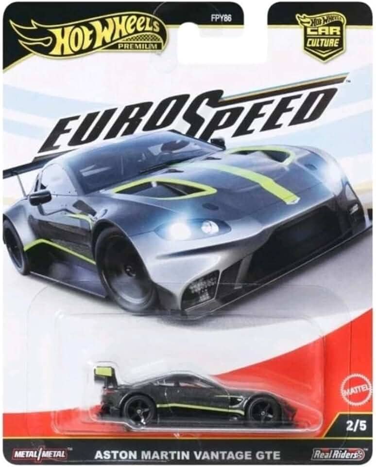 Hot Wheels Car Culture Premium, carro de brinquedo em escala 1:64, fabricado em metal fundido a pressão, Aston Martin Vantage GTE com pneus Real Riders e carroçaria/chassis de metal, Eurospeed, JBK56