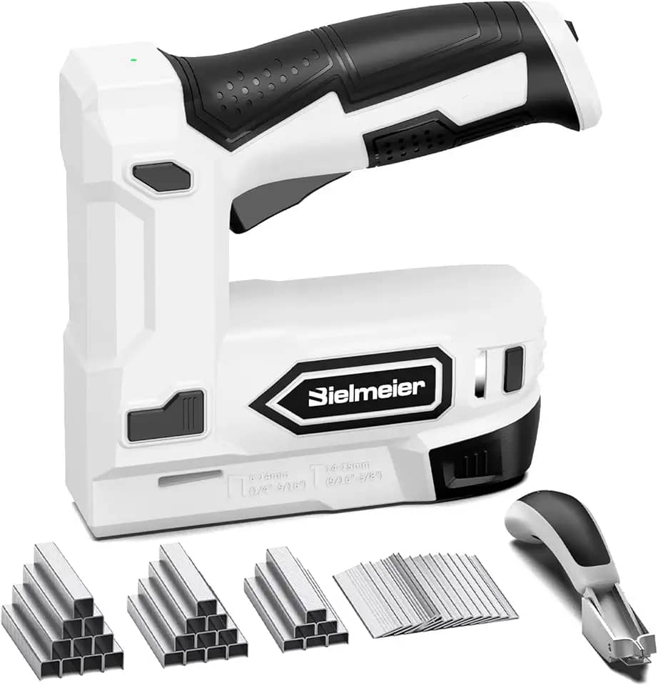 Bielmeier Pistola de grampos elétrica, grampeador elétrico 2 em 1, kit de pregos sem fio de 4 V, pistola de pregos alimentada por bateria para estofamento, carpintaria, faça você mesmo com removedor