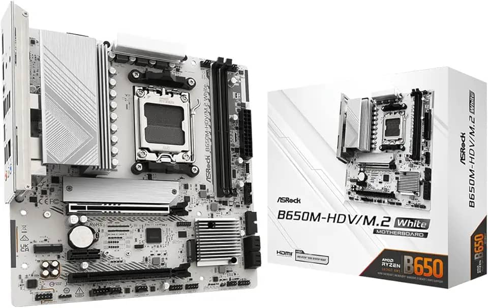 ASRock Placa-mãe B650M-HDV M.2 Micro-ATX AM5 branca, AMD Ryzen 9000/8000/7000, PCIe 5.0 x16, DDR5 8200+(OC), Dual M.2 (Gen5/Gen4), USB 3.2 Type-C, LAN 2.5G