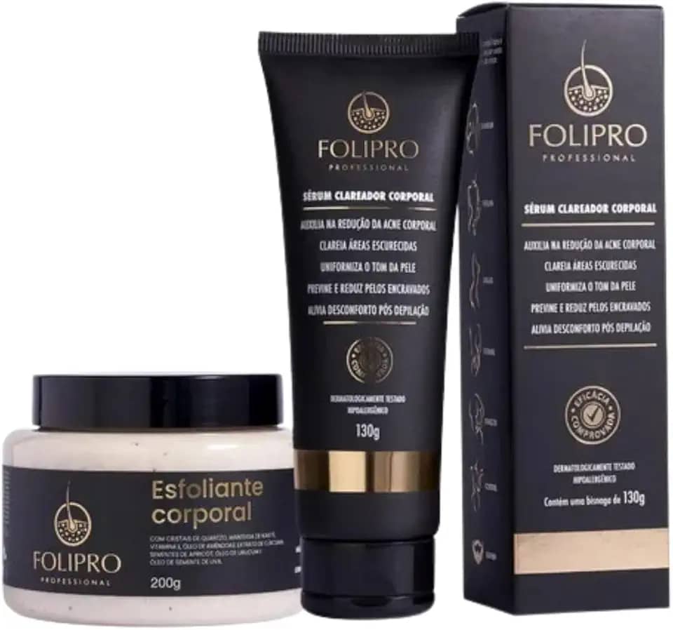 Folipro Kit Clareador Corporal – Sérum 130 g + Esfoliante 200 g | Tratamento para Foliculite, Manchas, Pelos Encravados | Axilas, Glúteos, Virilha | Sem Parabenos