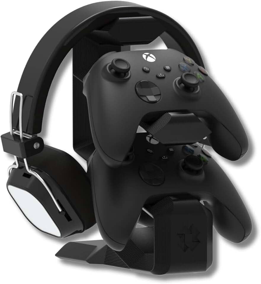 Suporte de Mesa Preto Compatível com 2 Controles e Headset – Organização para Xbox One, Series X|S, PS4, PS5 DualSense com Estabilidade e Estilo