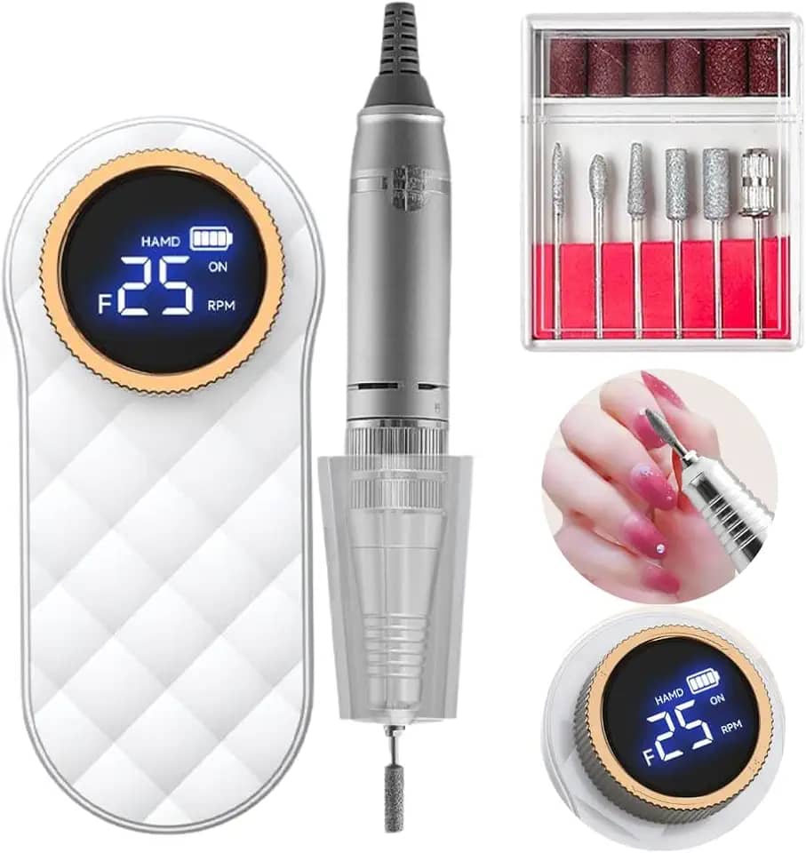 Lixadeira Unha Elétrica Nail Designer Profissional com Display Digital Velocidade Regulável Kit Brocas Manicure Pedicure Rosa Bivolt