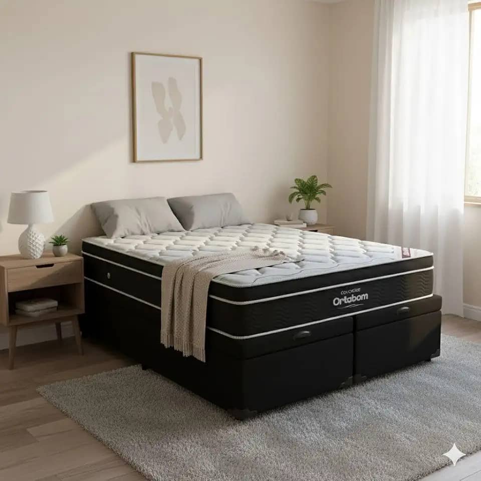 Cama Box Com Baú Queen Bipartido Corino + Colchão de Molas Ensacada Elegant - 158cmx1.98cm (Preto)