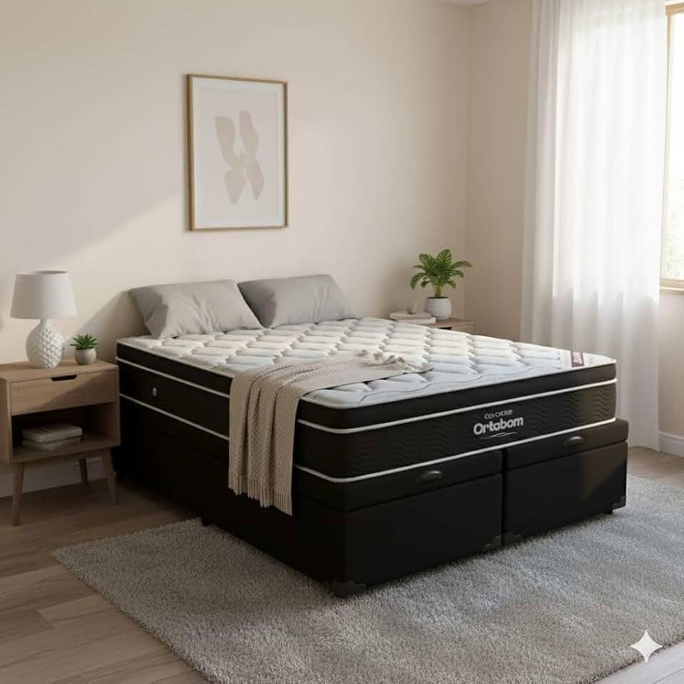 Cama Box Com Baú Queen Bipartido Corino + Colchão de Molas Ensacada Elegant - 158cmx1.98cm (Preto)