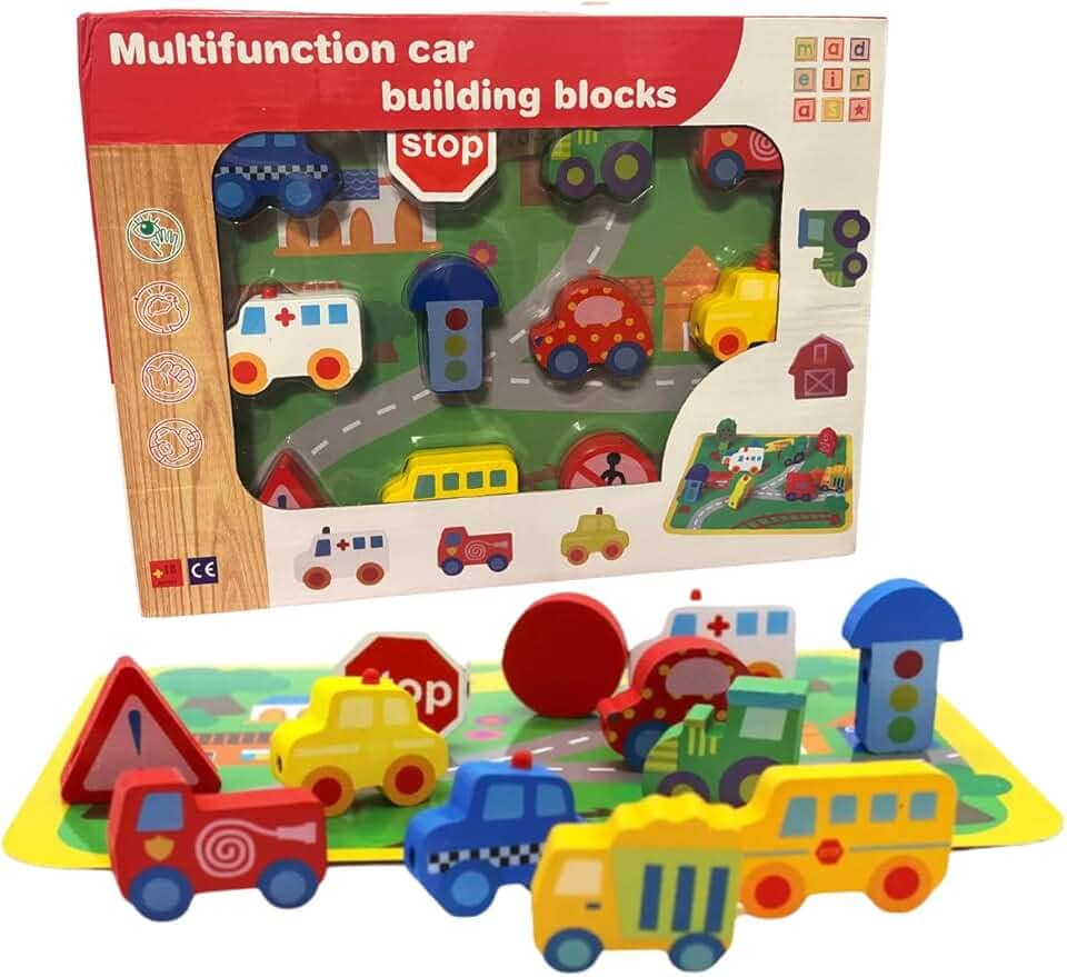 Brinquedo Educativo Montessori de Madeira – Blocos de Montar com Veículos e Pista Colorida 29x21cm, 12 Peças com Corda 90cm – Carros, Sinais e Trem Infantil para Coordenação Motora e Aprendizado