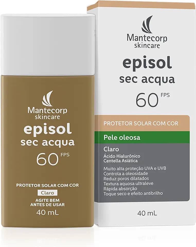 Mantecorp - Protetor Solar Episol Sec Acqua FPS 60 Claro - Base Aquosa Ultraleve com Cor - Proteção e Controle da Oleosidade - 40ml