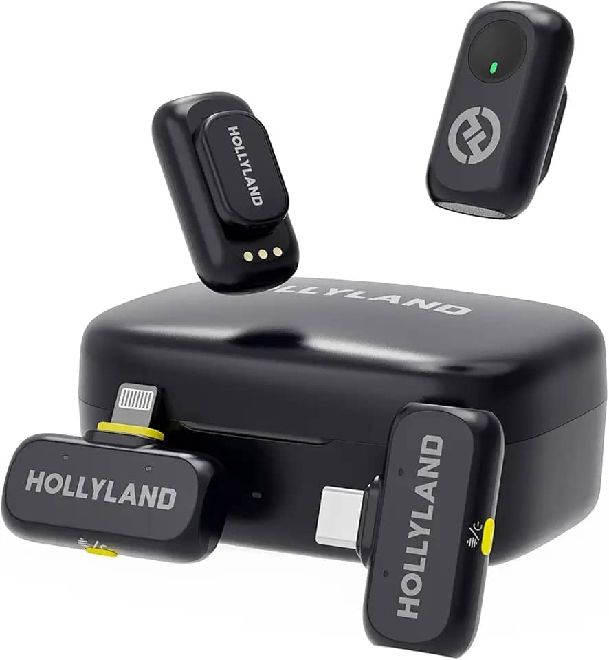 Hollyland LARK A1 Combo – Microfone Sem Fio Mini para iPhone e Android (2TX + USB-C RX + Lightning RX + Case de Carregamento), Microfone Magnético para YouTube, TikTok, Podcast e Vlogs (Preto)
