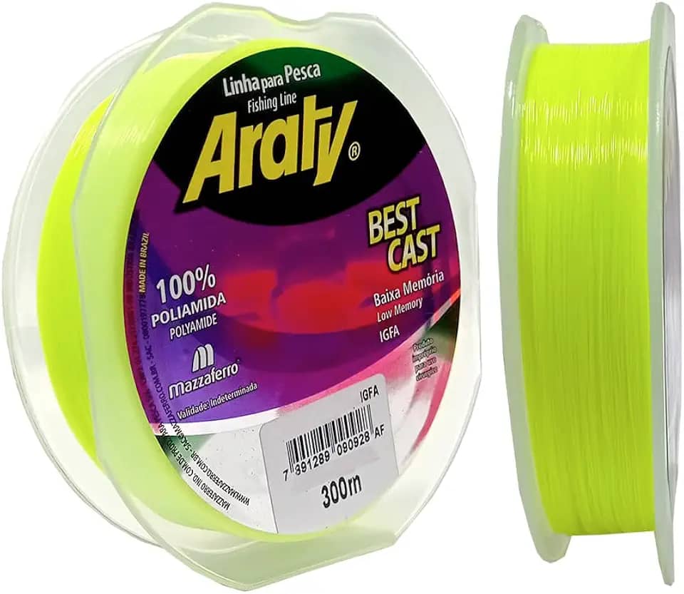 Araty Best Cast Linha de Pesca, 300m, 0,25mm, Amarelo Fluorescente, 100% Poliamida, Baixa Memória
