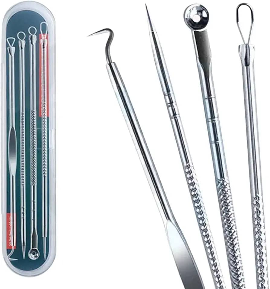 Kit Extrator de Cravos Inox Profissional 4 Peças | Removedor de Cravos e Espinhas | Ferramenta Para Limpeza de Pele Acneica | Kit Removedor de Cravos com Estojo | Premium MyBrins