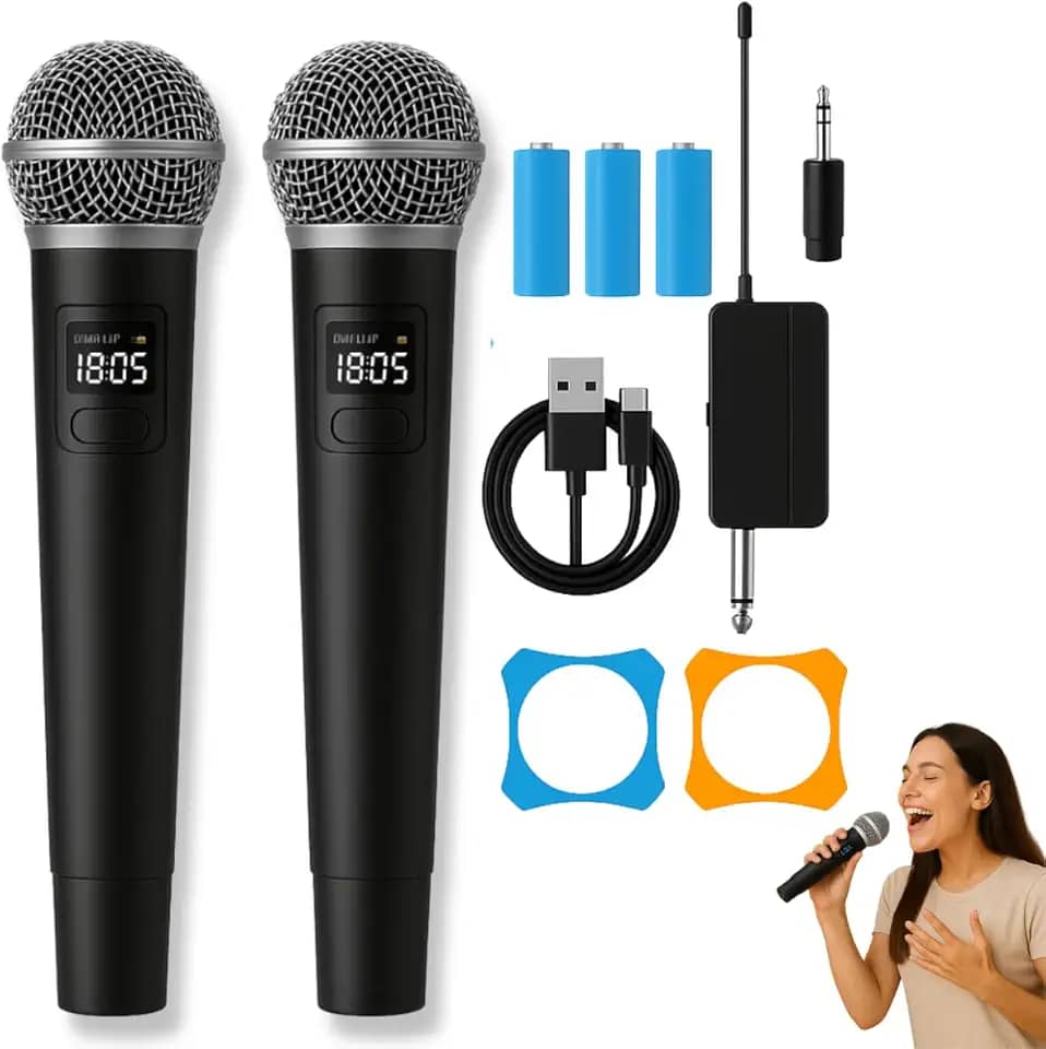 Kit Microfone Sem Fio Profissional, 2 Unidades, LED Digital, Recarregável, com Adaptador UHF, para Karaokê, Eventos e Palestras