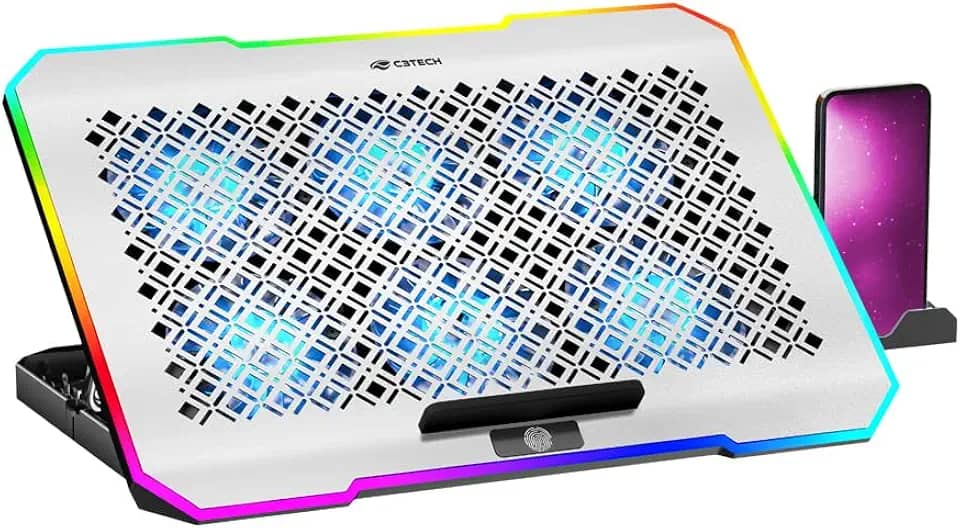 C3Tech Base refrigerada Gamer para Notebook, NBC-550SI 17,3", Cinza, 5 niveis de ajustes de inclinacao, ajuste de velocidade, Iluminacao RGB em 10 modos, superficie em aluminio, suporte para celular