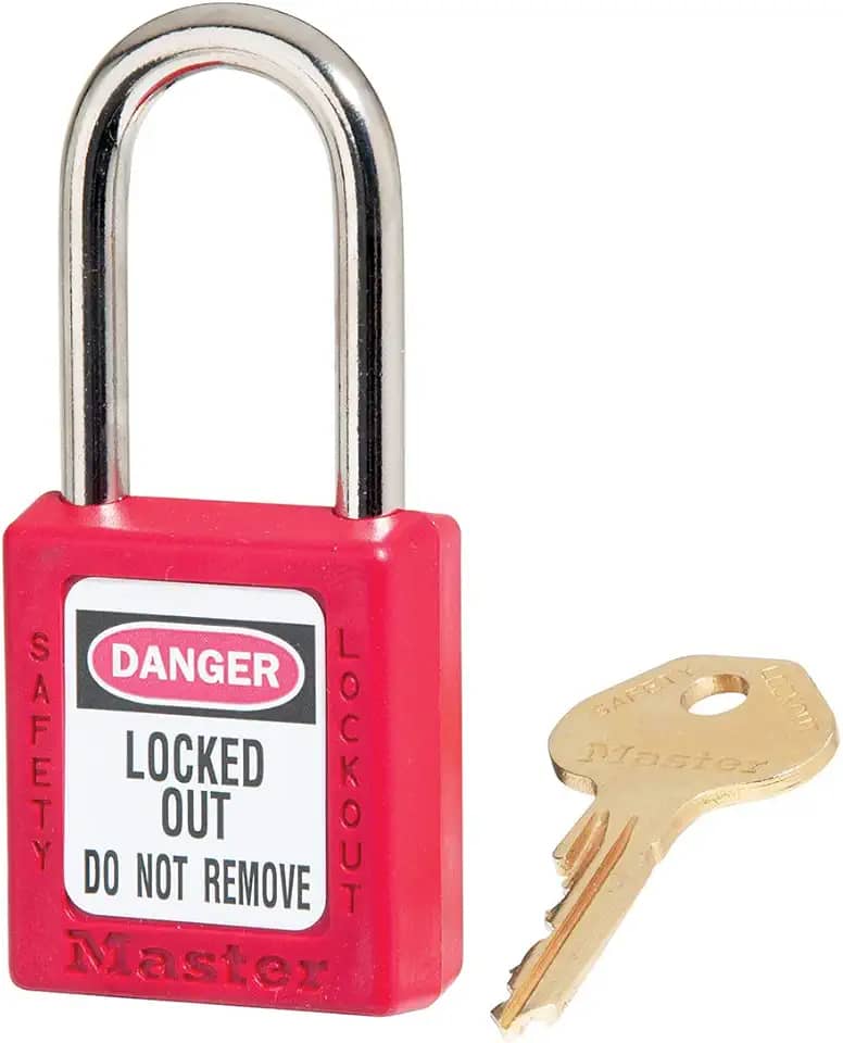 Master Lock Cadeado de segurança vermelho com chave, manilha de metal e corpo de bloqueio não condutor para aplicações elétricas, 410RED