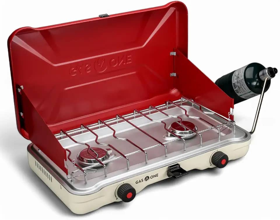 GasOne Fogão de acampamento portátil – Fogão duplo a propano com ignição automática de giro – Fogão de acampamento de 22.000 BTU com 2 queimadores e protetor de vento – Ideal para uso não autorizado
