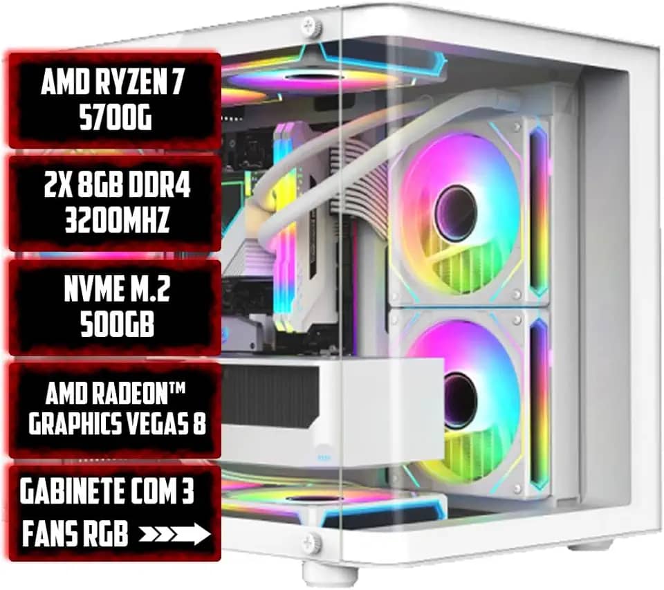 PC GAMER AMD WHITE RYZEN 7 5700G 16GB 3200MHZ NVME 512GB 600W BIVOLT RADEON VEGA 8