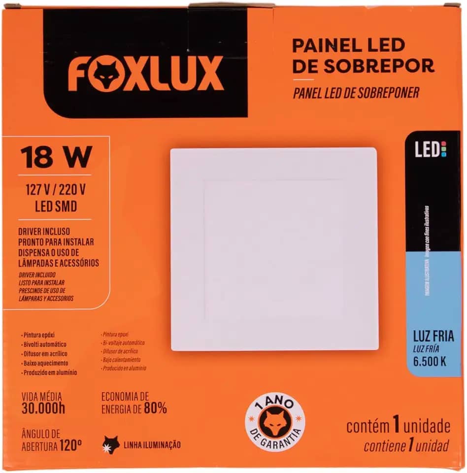 Foxlux Painel LED Quadrado Sobrepor 18W 6500K Biv