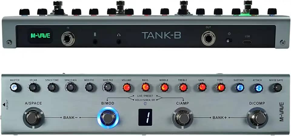 KINGSTER M-VAVE Tank-B Pedal de Multiefeitos para Baixo: 36 Predefinições, 9 Simulações de Amplificador, Bluetooth, Gravação Interna, Bateria Recarregável e 8 IRs para Músicos Brasileiros