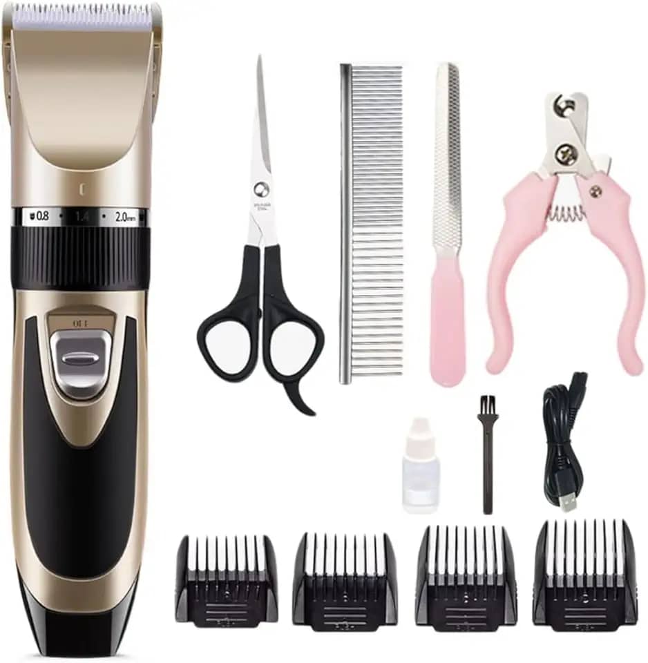 Kit Máquina de Tosa Pets Profissional Silenciosa Aparador com Lâminas Precisas e com Altura Ajustável Recarregável Maquininha de Tosar 110V/220V acompanha acessórios - Linha Premium