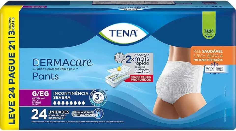 Tena Pants Dermacare, Roupa Íntima para Incontinência Urinária, G/EG - Leve 24 Pague 21 unidades