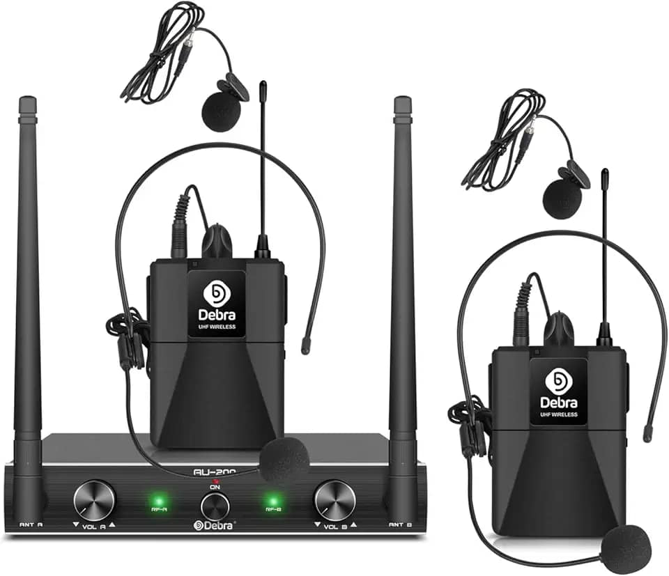 D Debra Audio AU200 Pro UHF Sistema de microfone sem fio de 2 canais com fones de ouvido de lapela sem fio, receptor de metal, para festa de karaokê na igreja (2 bodypack)