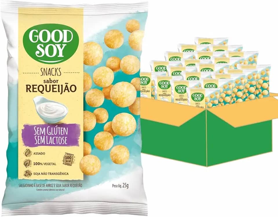 Caixa de GoodSoy Snacks Salgadinhos de Requeijão Sem Glúten Sem Leite Sem Lactose - 20 unidades de 25g