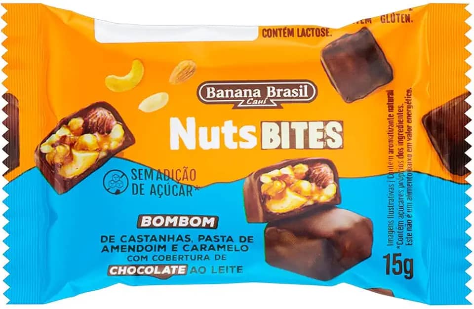 Bombom de Castanhas, Pasta de Amendoim e Caramelo com Cobertura de Chocolate ao Leite 15g - Banana Brasil