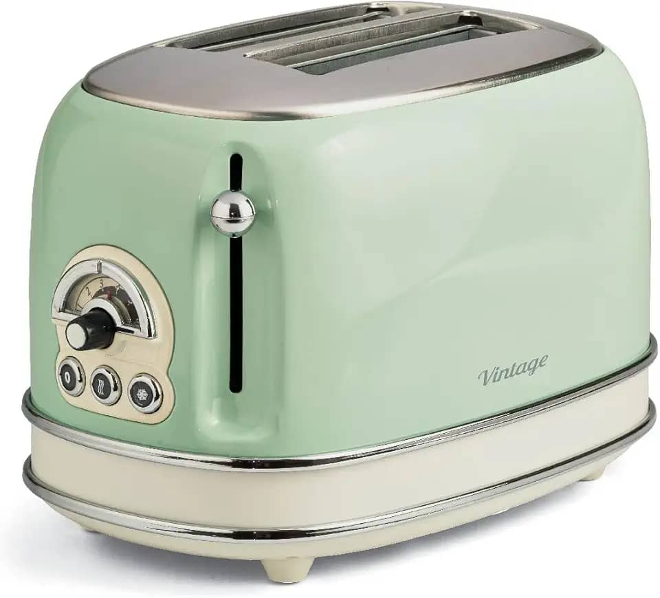 Ariete Torradeira 155 estilo vintage 750 Watt 2 fatias com bagel de degelo e reaquecimento, laterais de toque legais, pés antiderrapantes, 6 níveis de marrom, verde