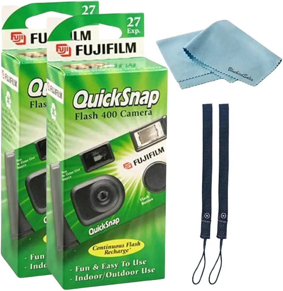 Câmera Fujifilm QuickSnap Flash 400 descartável de 35 mm • Pacote com 2 • 2 alças de mão • Pano de limpeza de microfibra BluebirdSales