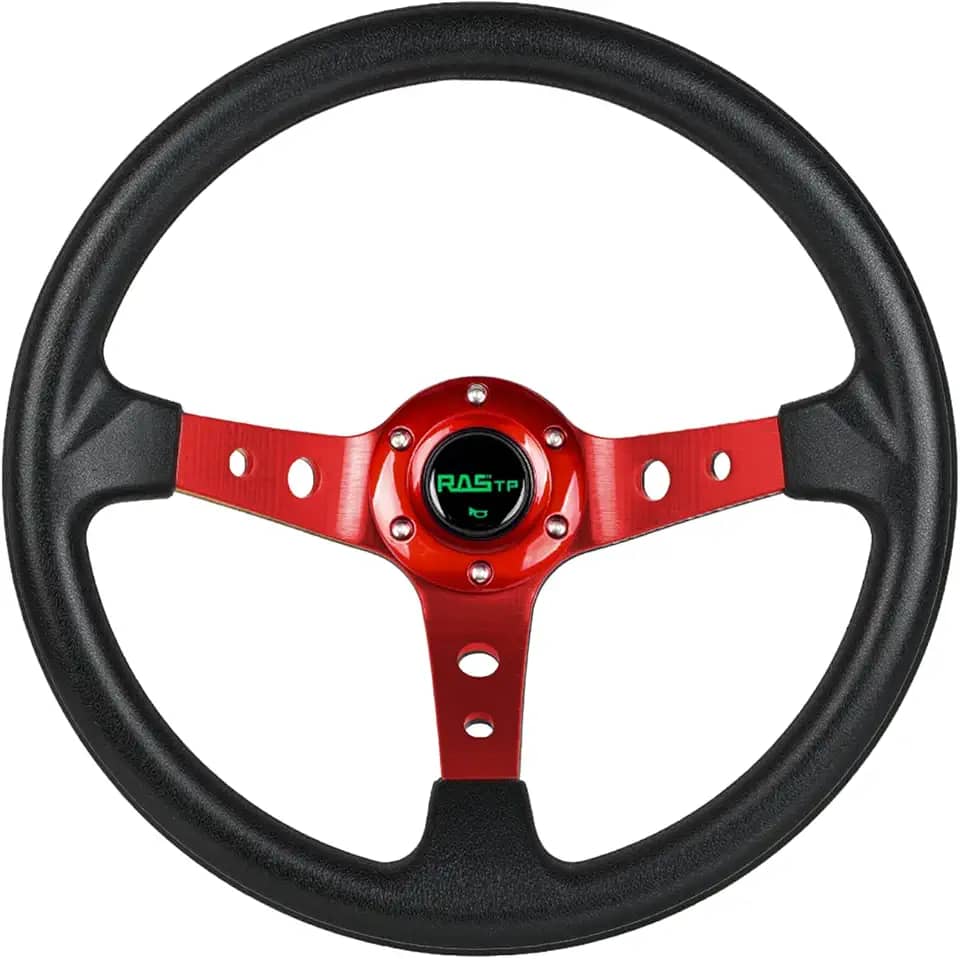 RASTP Volante universal de corrida, volante de prato profundo 13,8'/350 mm 6 parafusos aderência vinil couro e alumínio com botão de buzina para carro - vermelho
