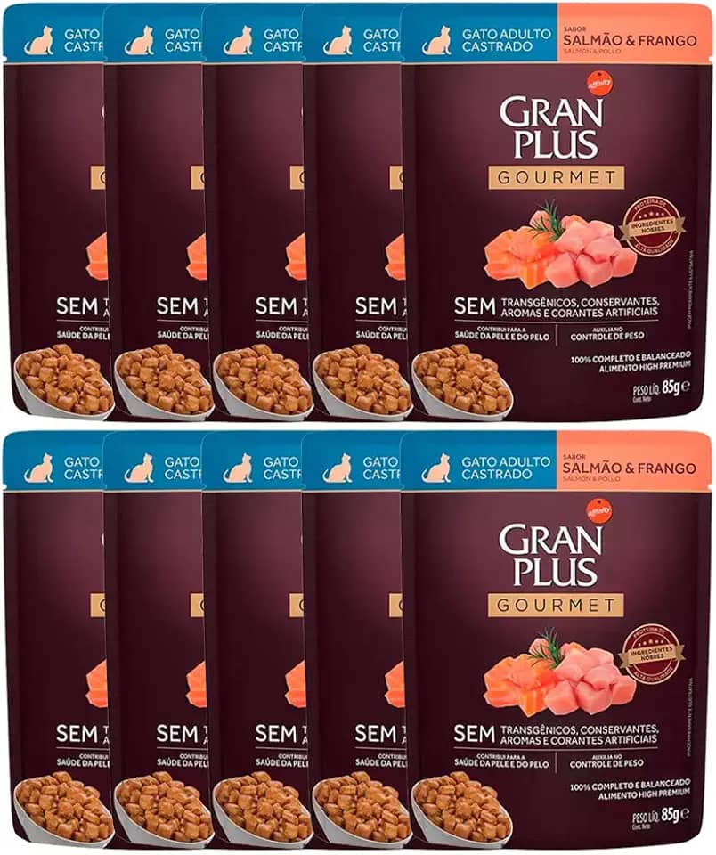 Kit 10 Rações Úmidas Gran Plus Sachê Gatos Gourmet Castrados Salmão e Frango 85g