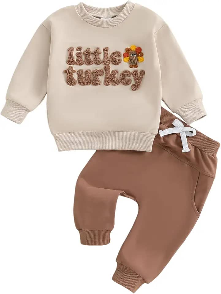 Conjunto de roupas de outono para bebês meninos, com gola redonda, bordado de peru, calça comprida, roupa infantil de Ação de Graças