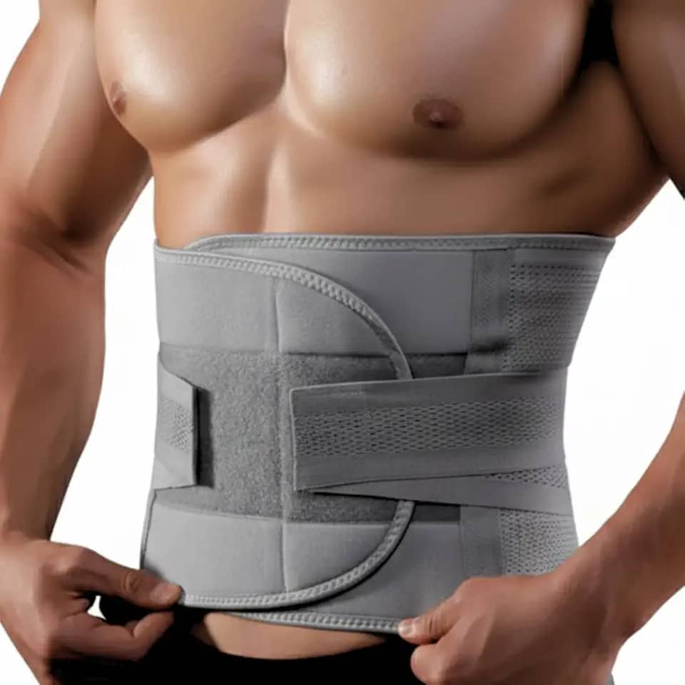 Cinta Modeladora Masculina Abdominal Dupla Compressão, Suporte Lombar, Cinza, Ajustável, para Dores nas Costas e Hérnia de Disco