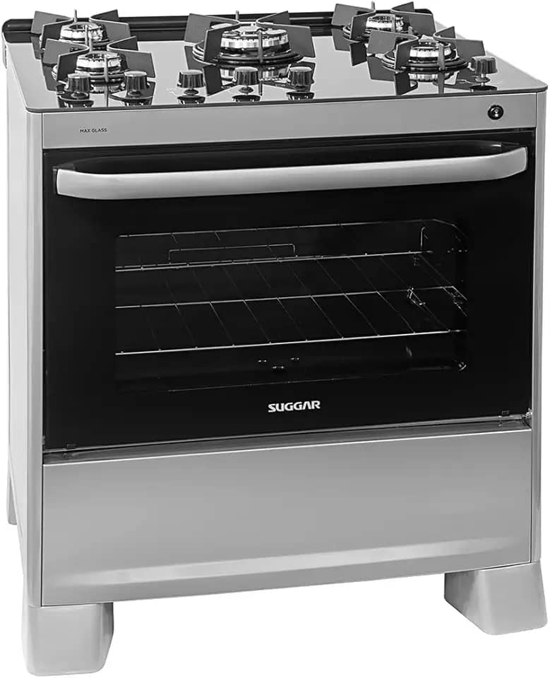 SUGGAR FOGÃO MAX GLASS PRATA MESA DE VIDRO 5 BOCAS TRIPLA CHAMA TREMPE 6 APOIOS ACENDIMENTO AUTOMÁTICO FGVMG510PRIX