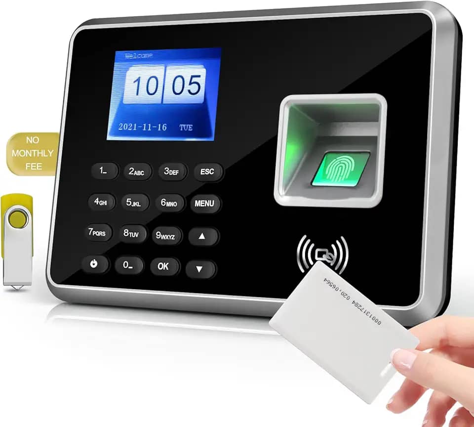 Relógio de ponto A2 para funcionários de pequenas empresas, relógio biométrico RFID e PIN, com 5 emblemas e unidade USB (0 taxas mensais)