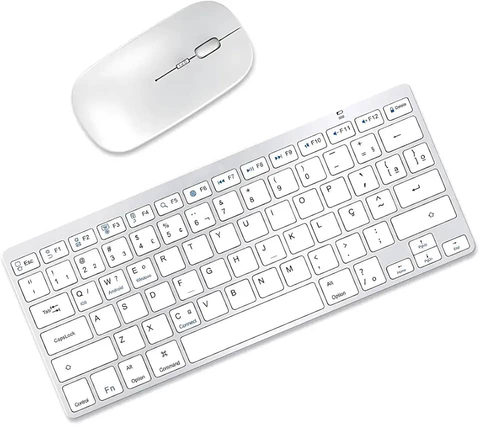KIT Teclado e Mouse Sem Fio Bluetooth para Tablet Macbook iPad iMac Notebook PC, Premium Silencioso Minimalista Portátil ABNT2 - Branco