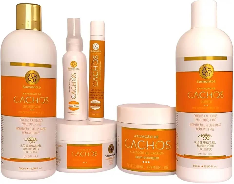 Kit Completo Ativador de Cachos Profissional Samontte – 6 Produtos para Definição, Hidratação e Brilho