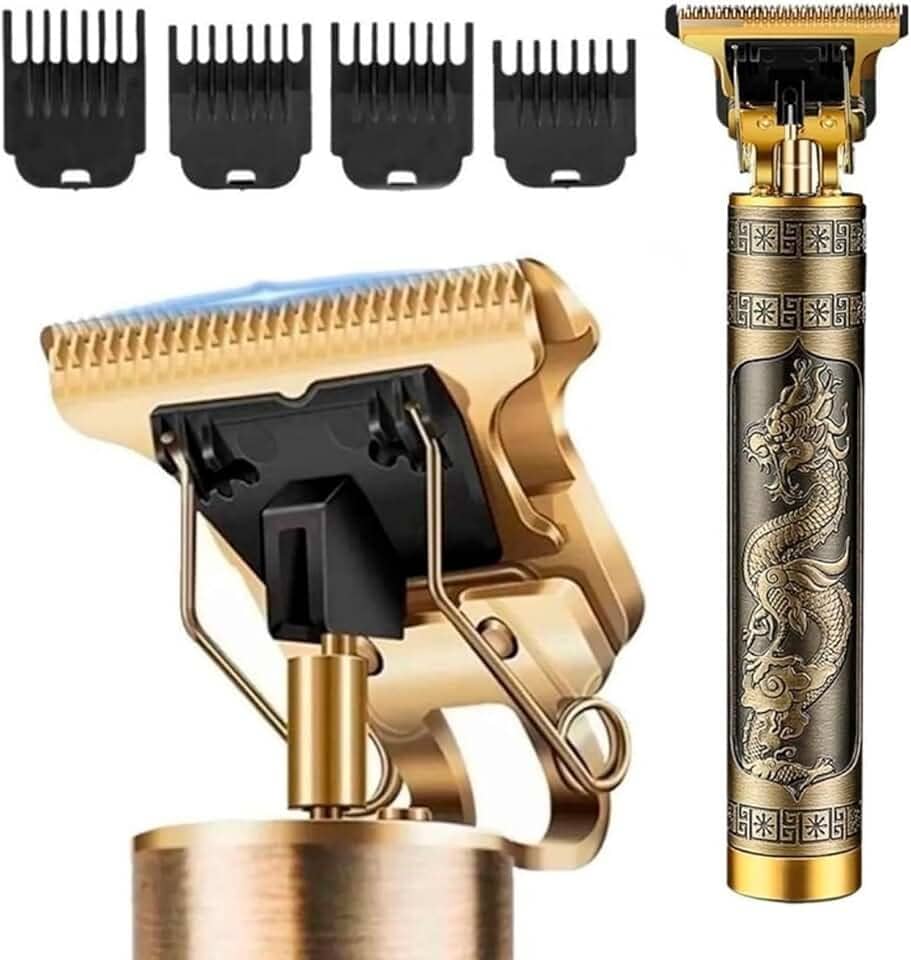 Máquina Profissional Dragão - Ferro - Acabamento Sem Fio Cabelo Barba Pezinho Personalizada Com Limitador de Lamina Ajustável - Recarregável Bateria 2000mA - Kit Conjunto 4 Pentes Óleo